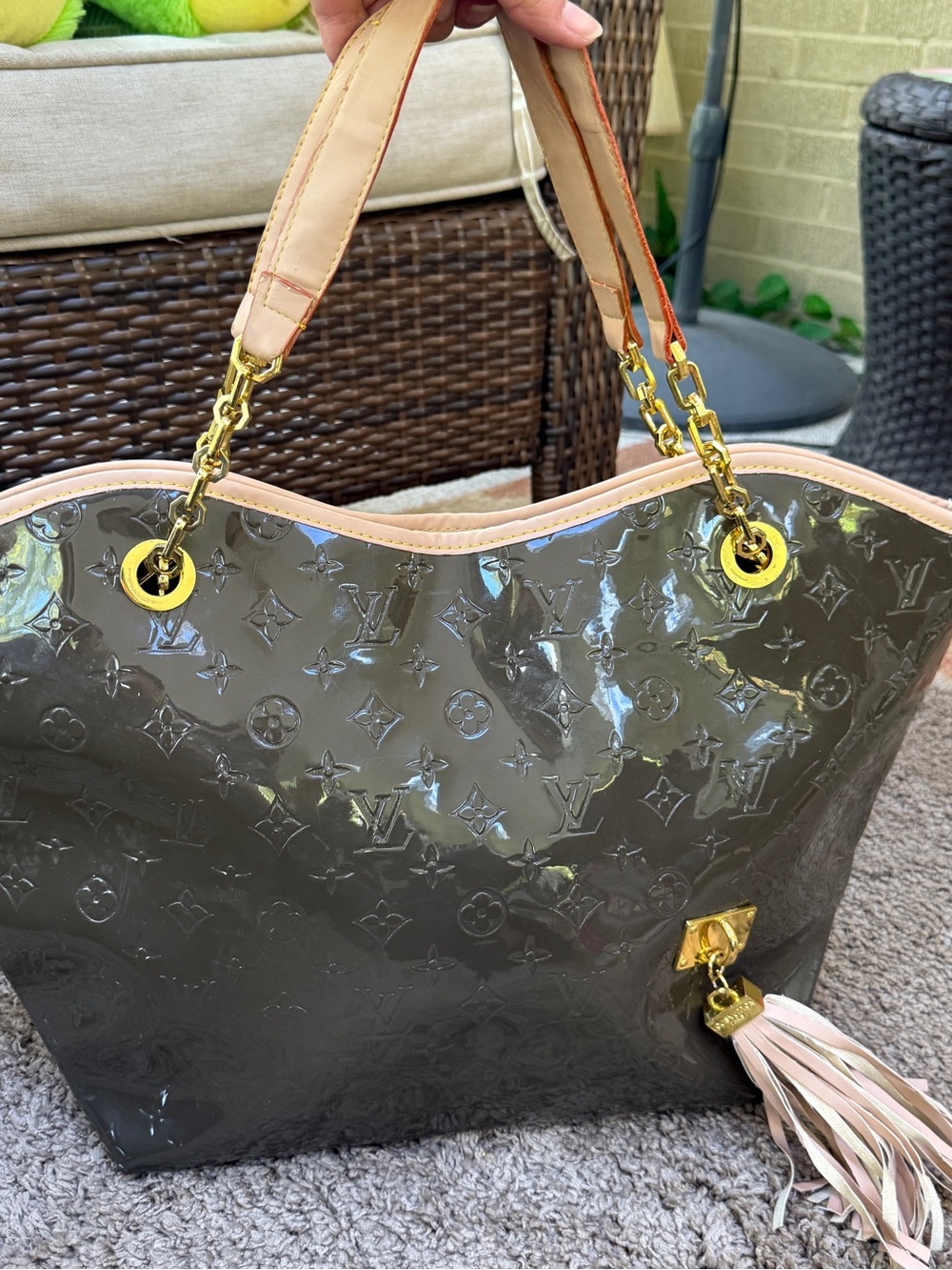 Designer inspired Luxury Gloss Tote Bag in Taupe with Tassel
